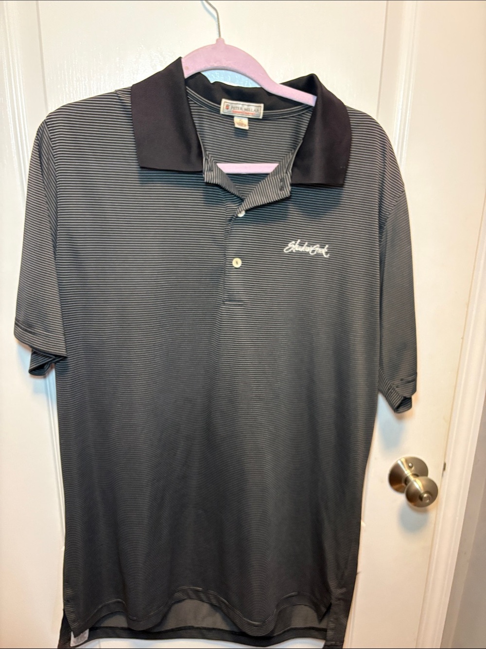 Peter Millar Men’s Black and Gray Striped Polo with Contrast Collar